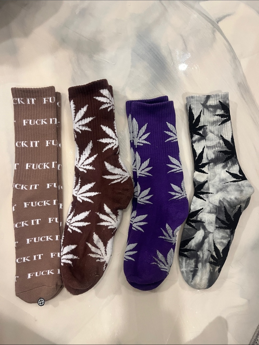 Brown, Purple, Gray, Tan Crew Sock Set with Leaf Motif/FU&K IT Socks..